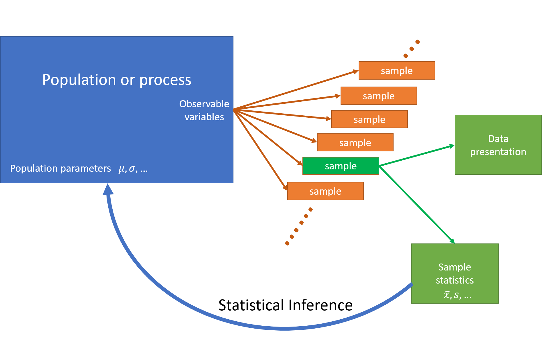 **Statistical Inference.**  We draw a sample from the population, well aware that the properties of that sample will differ somewhat from those of the other possible samples that we might have drawn. Our inferences about the characteristics of the population must take this sampling variability into account.